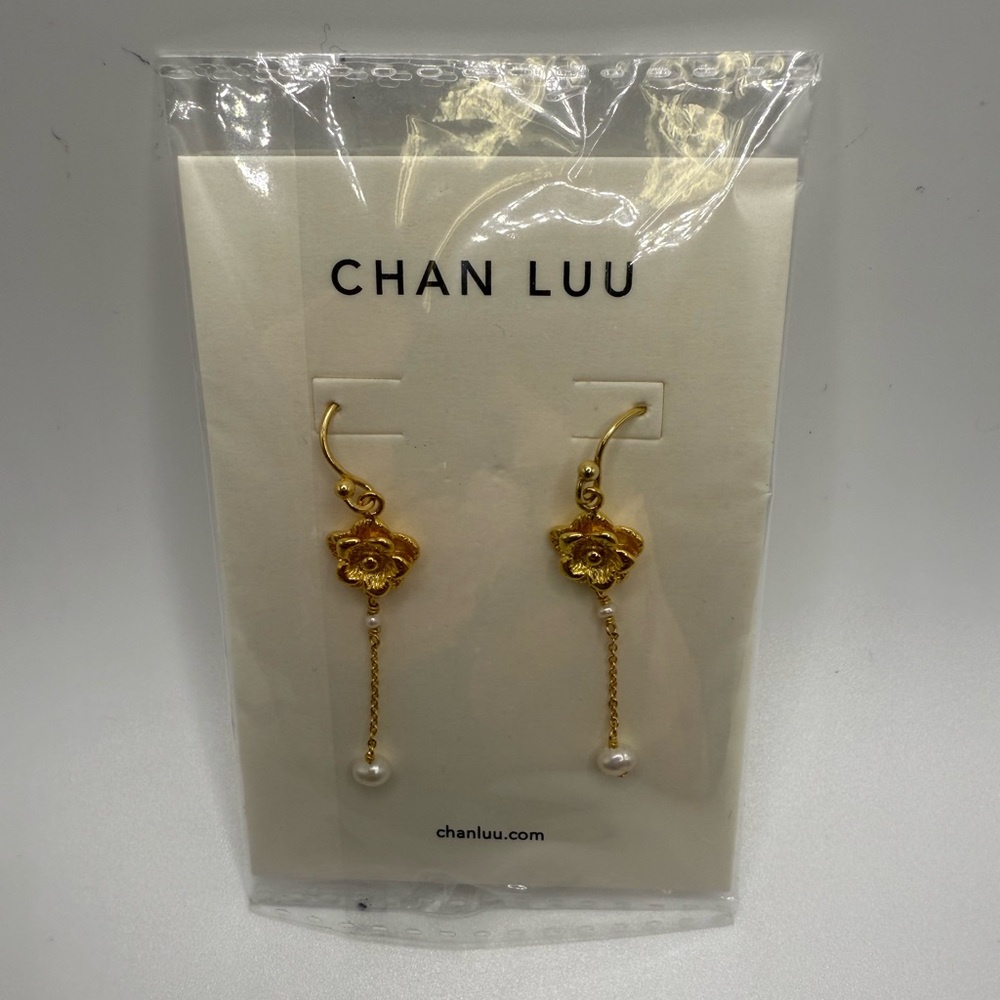 Chan Luu Gold Delicate Gold Floral Drop Earrings with Pearl Accent